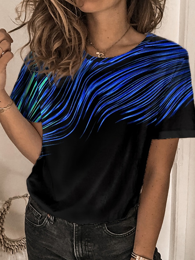  Damen T Shirt Gestreift Casual Wochenende Farbe Kurzarm T Shirt Rundhalsausschnitt Bedruckt Basic Grün Blau Purpur S / 3D-Druck