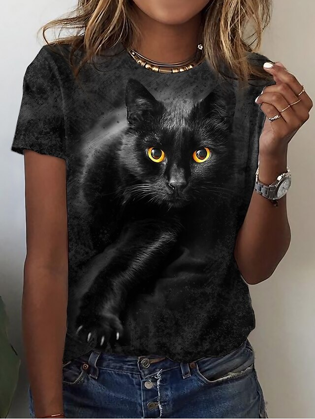  Dame T skjorte Katt 3D Avslappet Helg Svart Trykt mønster Kortermet Grunnleggende Rund hals Normal