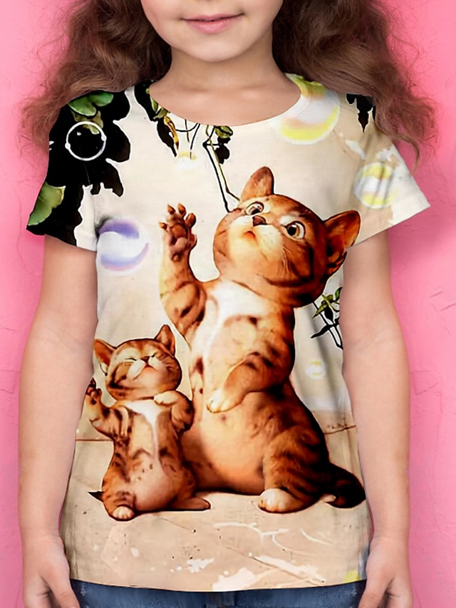  Jente 3D Dyr Katt T skjorte T-skjorte Kortermet 3D-utskrift Sommer Aktiv Polyester Barn 4-12 år Skole Dagligdagstøy Normal