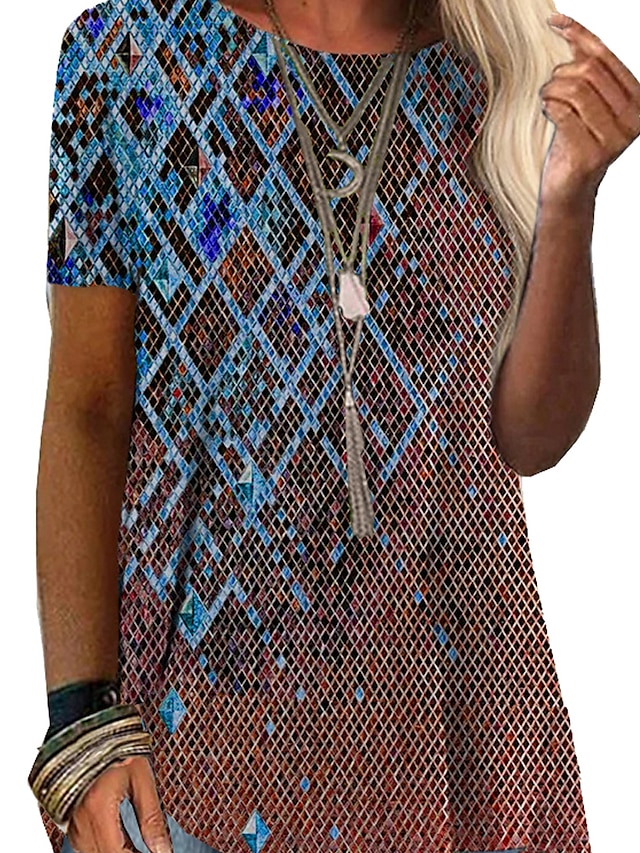  Dame T skjorte Tunika Rød Blå Grafisk Geometrisk Trykt mønster Kortermet Avslappet Daglig Helg Tunikaer Grunnleggende Bohem Rund hals Normal Bohem Tema