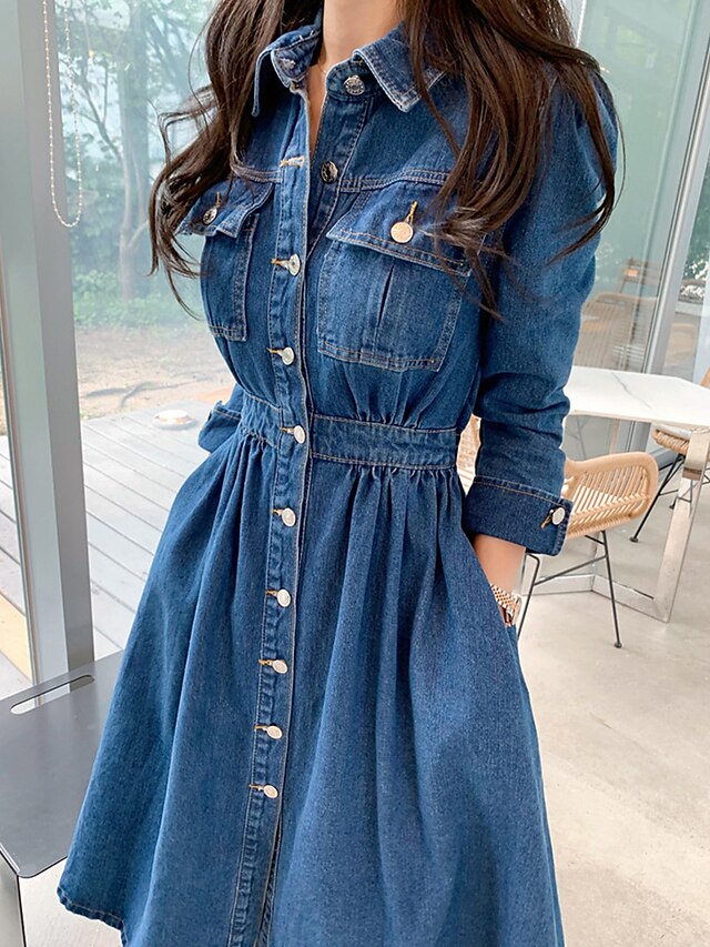  Women's Midi Dress Denim Dress Blue Long Sleeve Ruched Solid Color Shirt Collar Spring Summer Casual 2022 S M L XL