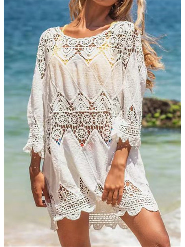  Damen Bademode Zudecken Strandkleid Übergröße Badeanzug Einfarbig UV Schutz für große Büsten Loch Weiß Rundhalsausschnitt Badeanzüge Urlaub Sexy neu / Modern / nette Art