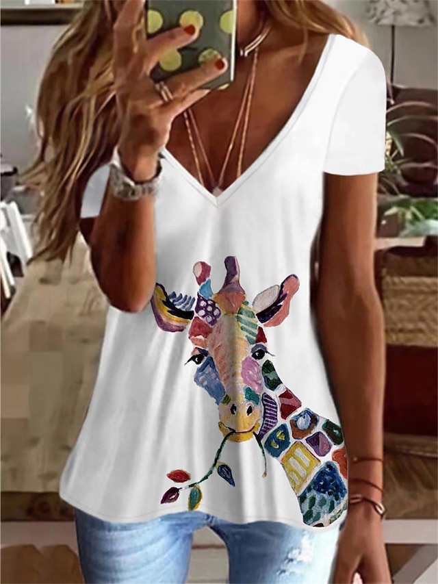  T shirt Tee Femme Casual du quotidien Vacances Animal Manches Courtes Col V Patchwork Imprimer basique Blanche Hauts Standard S / 3D effet