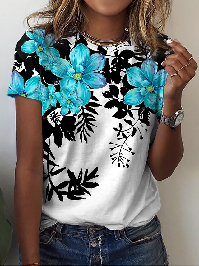  Dame T skjorte Blå Lilla Rosa Trykt mønster Blomstret Avslappet Ferie Kortermet Rund hals Grunnleggende Normal Blomster Tema Maling S / 3D-utskrift