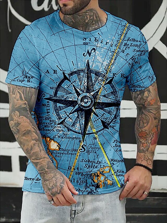  Men's Tee T shirt Tee Graphic Prints Compass 3D Print Round Neck Daily Holiday Short Sleeve Print Tops Designer Casual Big and Tall Green Blue Gray / Summer / Summer