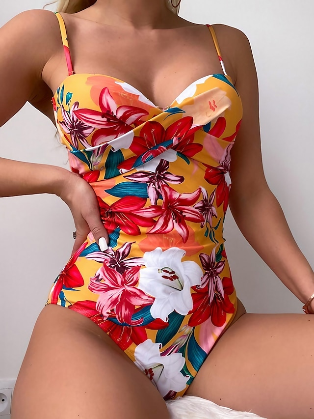  Damen Badeanzug Ein Stück Monokini Normal Bademode Bauchkontrolle Blumen Blumenmuster Gurt Urlaub Sexy Badeanzüge