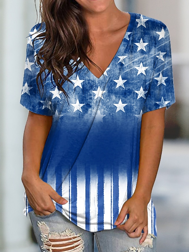  Women's T shirt Tee Red Navy Blue Blue Print Stars and Stripes Casual Weekend Short Sleeve V Neck Basic Regular Painting S