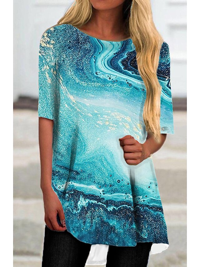  Women's Short Mini Dress T Shirt Dress Tee Dress Blue Half Sleeve Print Print Round Neck Spring Summer Casual 2022 S M L XL XXL 3XL