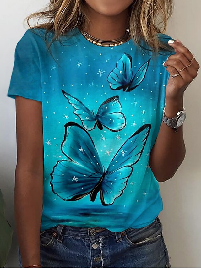  Damen T Shirt Schmetterling Casual Wochenende Rote Königsblau Blau Bedruckt Kurzarm Basic Rundhalsausschnitt Regular Fit