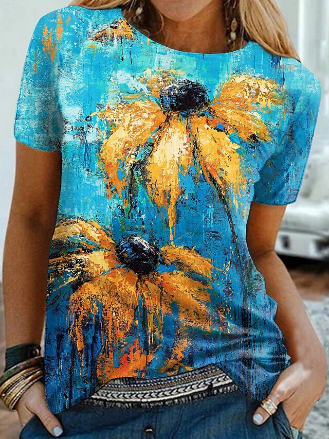  Dame T-shirt Blomstret Afslappet Weekend Blomster Tema Abstrakt Maleri Kortærmet T-shirt Rund hals Trykt mønster Basale Blå S / 3D-udskrivning