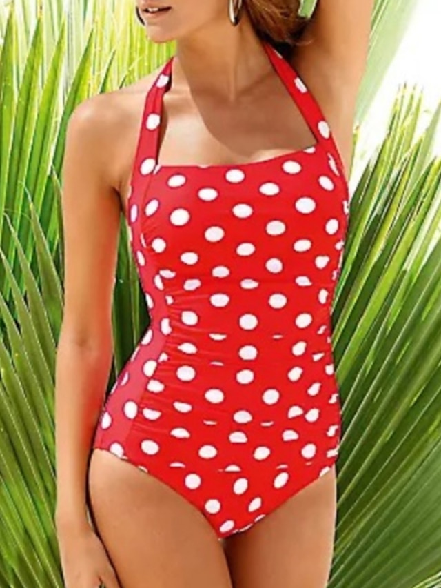  Women's Swimwear One Piece Monokini Bathing Suits Normal Swimsuit Polka Dot Tummy Control High Waisted Red Padded Bathing Suits Vacation Sexy Sports / New