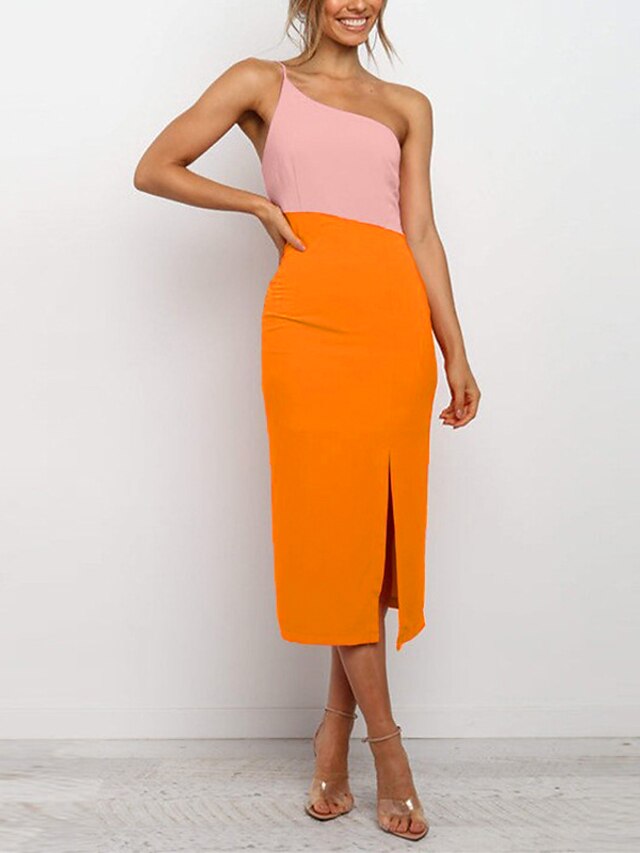  Women's Knee Length Dress Sheath Dress Sundress Pink Orange Sleeveless Backless Split Patchwork Color Block One Shoulder Summer Party Stylish Elegant Casual 2022 Slim S M L XL / Casual Dress