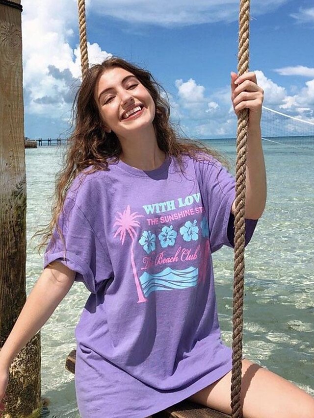  Camiseta holgada informal de cuello redondo estilo chica caliente de verano para mujer de manga corta púrpura nuevo fabricante de camisetas con estampado de letras