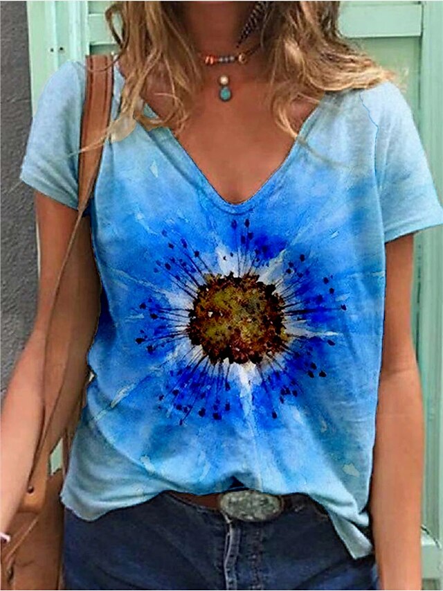  Women's T shirt Tee Color Gradient Flower Casual Daily Holiday Short Sleeve T shirt Tee V Neck Patchwork Print Basic Essential Blue S / 3D Print
