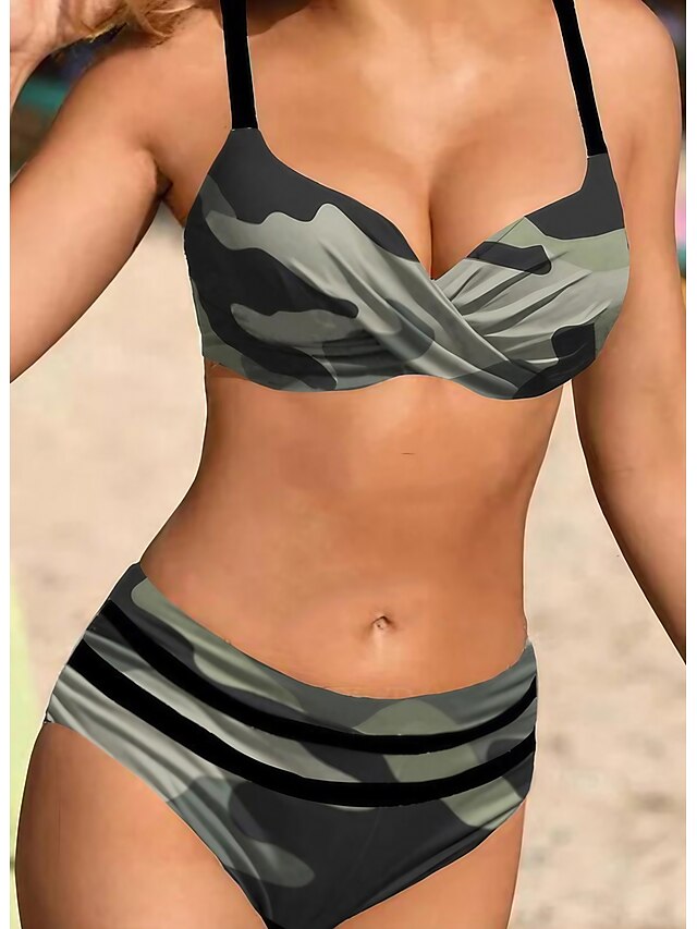  Mulheres Roupa de Banho Biquíni 2 partes Fatos de banho Normal roupa de banho 2 Peças Sexy Côr Camuflagem Com Alças Férias Roupa de Praia Fatos de banho