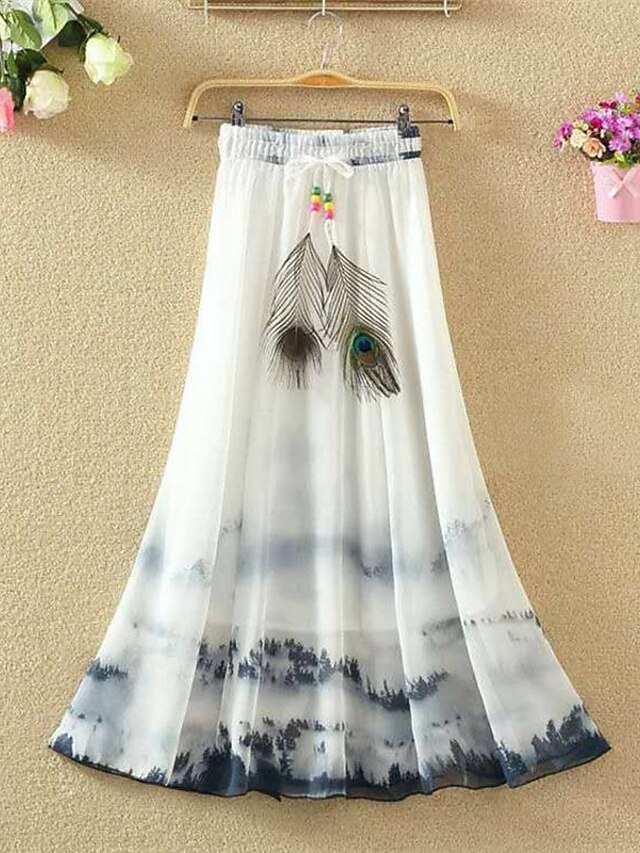  Women's Basic Essential Long Boho Calf-Length Swing Skirts Party / Evening Vacation Floral Graphic Patterned Mid Waist Chiffon Green White Blue S M L / Maxi / Stretchy / Loose / Print