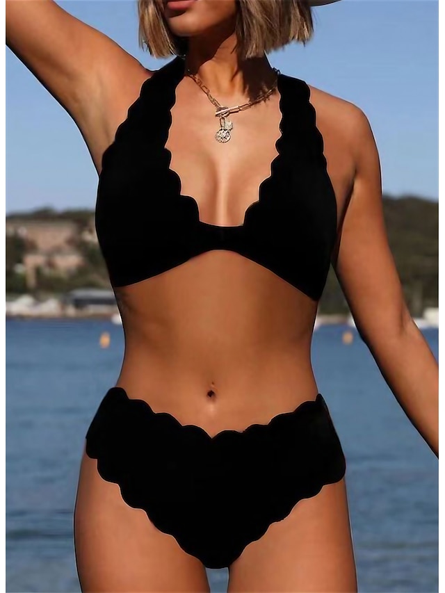  Damen Übergröße Badeanzug Bikinis 2 Stück Bademode Rückenfrei Halfter Einfarbig V-Wire Ausschnitt Urlaub Sexy Badeanzüge
