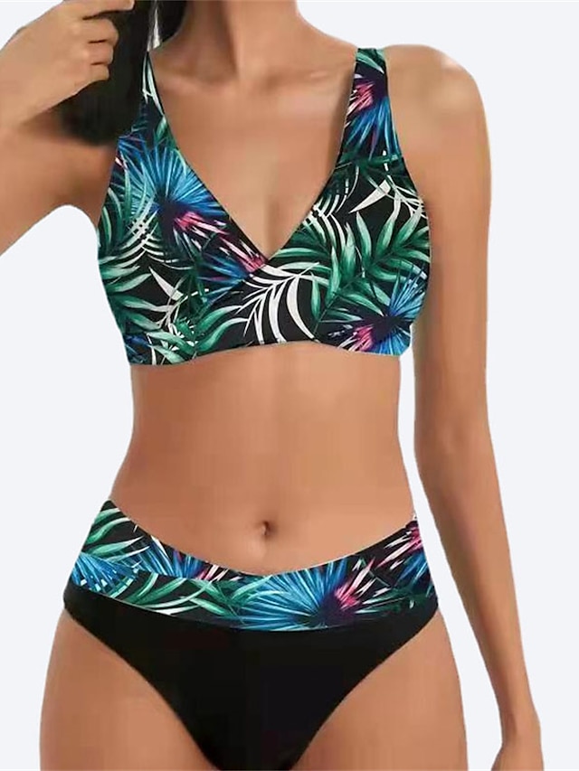  Damen Badeanzug Bikinis 2 Stück Normal Bademode Rückenfrei 2 teilig Push-Up Hosen Sexy Print Farbverlauf Blatt V-Wire Ausschnitt Urlaub Stilvoll Badeanzüge