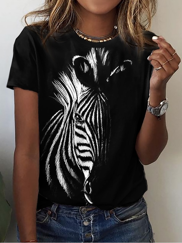  Damen T Shirt Zebra Casual Wochenende Bedruckt Schwarz Kurzarm Basic Rundhalsausschnitt