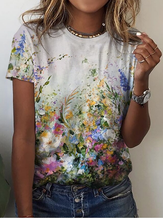  T shirt Tee Femme Casual Vacances Fin de semaine Floral T shirt Tee Fleur Peinture Imprimer Manches Courtes basique Col Rond Vert Standard S / 3D effet