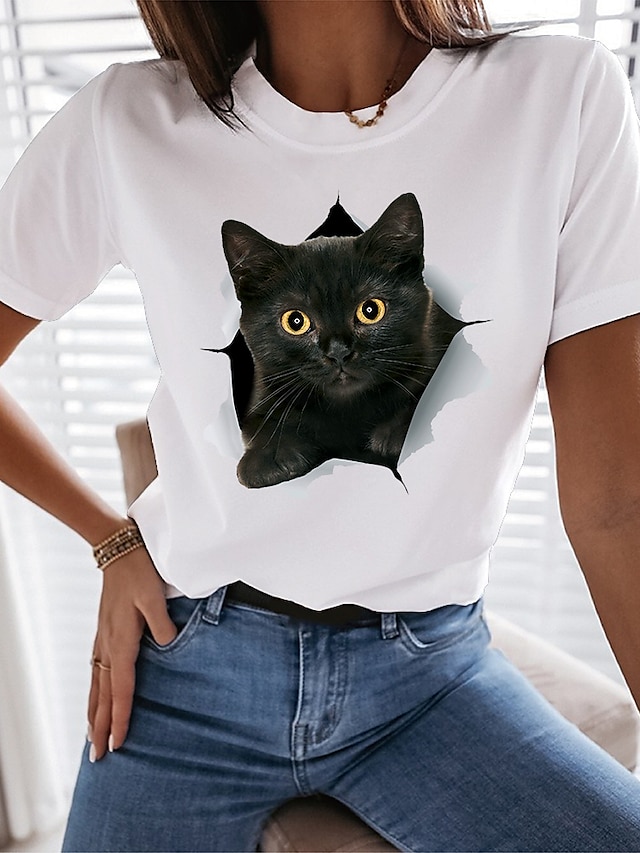  Dame T-shirt Sort Hvid Trykt mønster Kat 3D Afslappet Weekend Kortærmet Rund hals Basale Normal 3D kat Maleri S