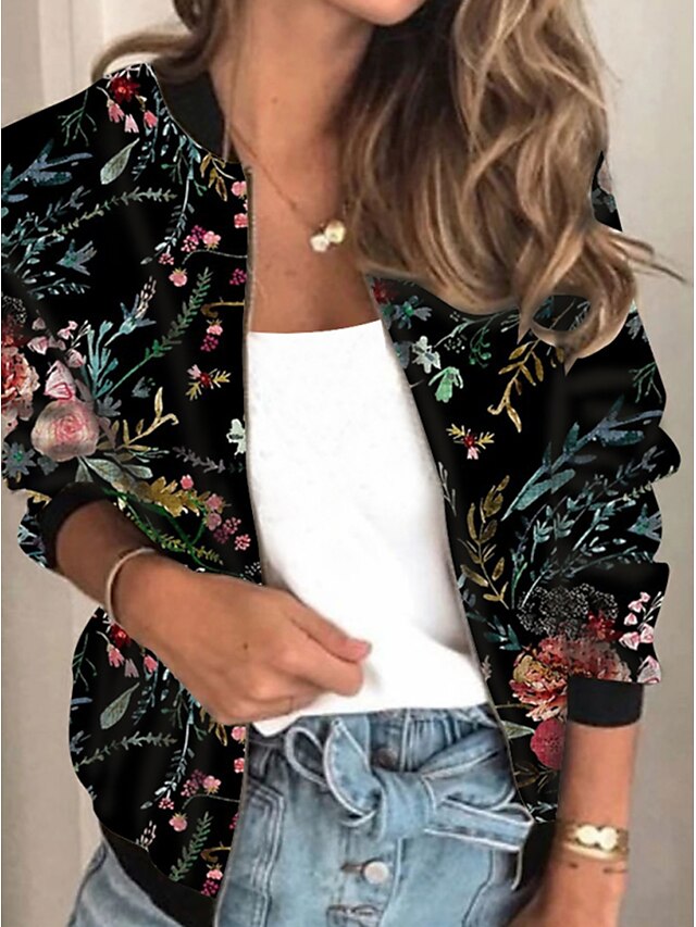  Women's Bomber Jacket Varsity Jacket Full Zip Stylish Casual Casual Daily Street Shopping Casual Daily Coat Regular Polyester Black Zipper Fall Spring Collarless Regular Fit S M L XL XXL 3XL / Floral