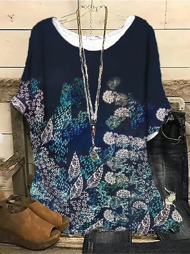  Women's Plus Size Tops Blouse Shirt Floral Short Sleeve Print Streetwear Crewneck Cotton Spandex Jersey Daily Sports Spring Summer Black Blue