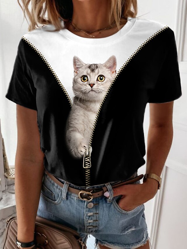  Dame T skjorte Svart Trykt mønster Katt 3D Avslappet Helg Kortermet Rund hals Grunnleggende Normal 3D Cat Maling S