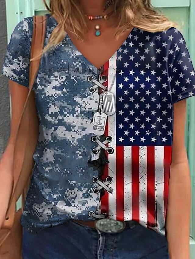  Dame T skjorte USA Nasjonalflagg Avslappet Helg Uavhengighetsdagen Maling Kortermet T skjorte V-hals Trykt mønster Grunnleggende Navyblå S / 3D-utskrift