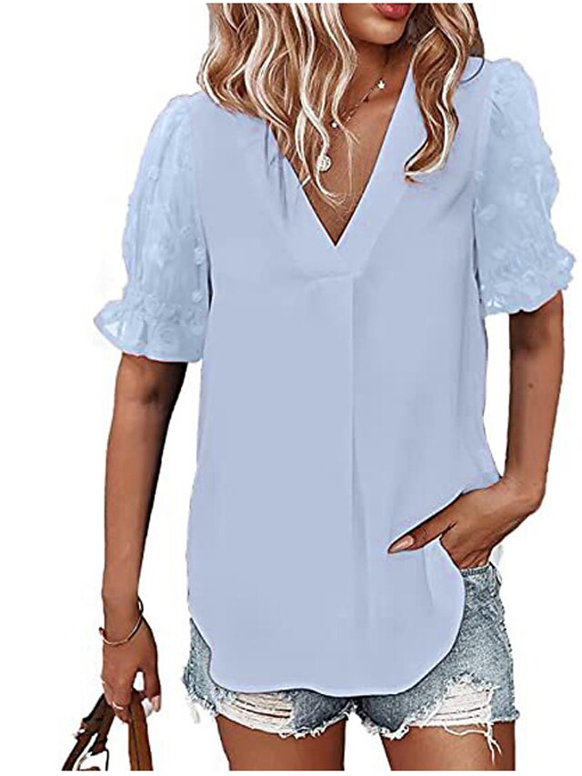  beliebtes Chiffon-Shirt mit V-Ausschnitt, Nahtpelzknäuel, kurzärmliges Oberteil für Frauen