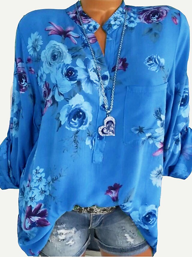  Women's Blouse Shirt Floral Flower Long Sleeve Floral Pocket Button Round Neck Basic Tops White Blue Red