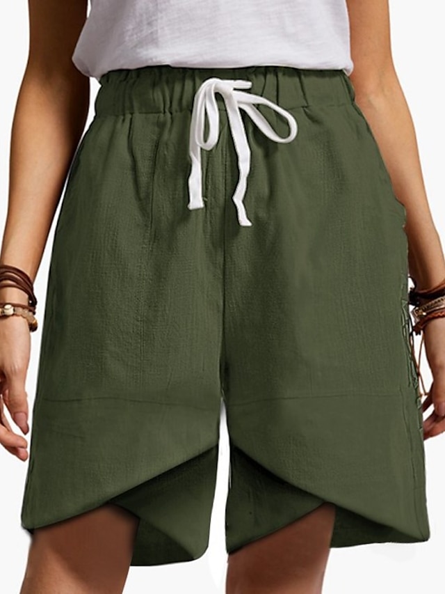  Women's Shorts Trousers Faux Linen Fashion Mid Waist Casual Short Micro-elastic Solid Color Comfort Green S / Loose