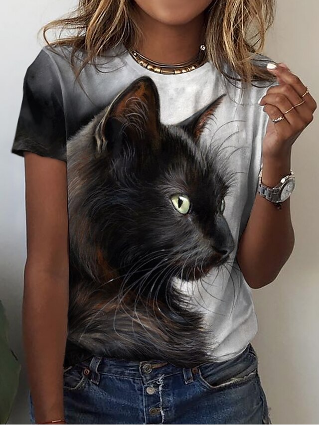  Dame T skjorte Katt 3D Svart Trykt mønster Kortermet Avslappet Helg Grunnleggende Rund hals Normal