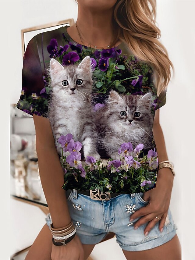  Dame T-shirt Sort Trykt mønster Blomstret Kat Afslappet Weekend Kortærmet Rund hals Basale Normal Blomster Tema 3D kat Maleri S