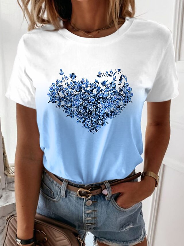  Damen T Shirt Blumen Herz Casual Festtage Wochenende Blume Farbe Kurzarm T Shirt Rundhalsausschnitt Bedruckt Basic Grün Blau Purpur S / 3D-Druck