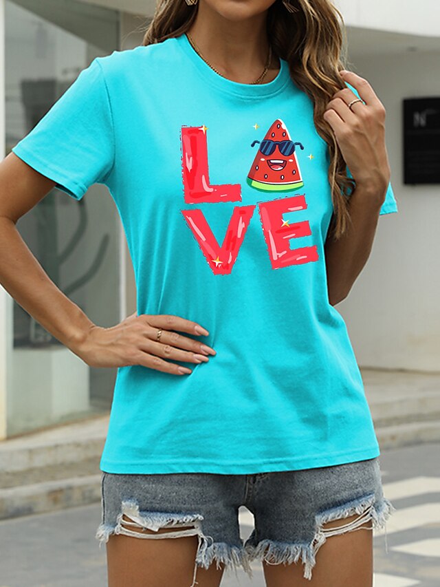  Mulheres Camiseta Gráfico Amor Fruta Casual Para Noite Manga Curta Camiseta Decote Redondo Imprimir Básico 100% Algodão Verde Branco Preto S