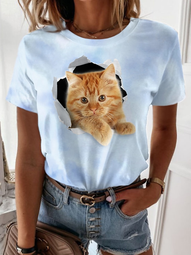 Damen T Shirt Rosa Blau Purpur Bedruckt Katze 3D Casual Wochenende Kurzarm Rundhalsausschnitt Basic Standard 3D Cat Farbe S
