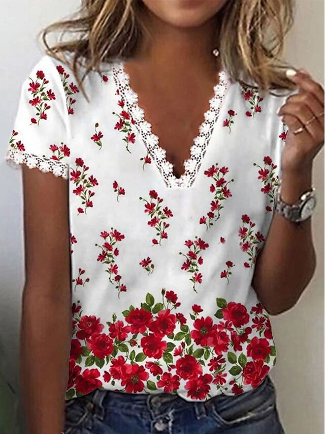  Women's T shirt Tee Red Lace Trims Print Floral Casual Holiday Short Sleeve V Neck Basic Regular Floral Painting S