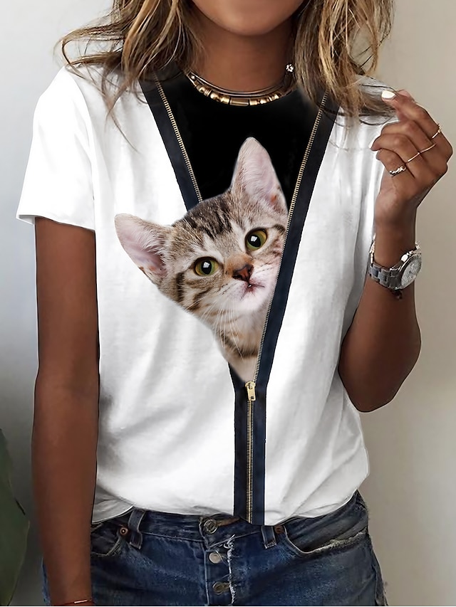  Women's T shirt Tee Cat 3D Casual Weekend Print White Short Sleeve Basic Round Neck