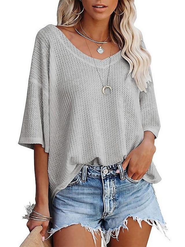  summer  v-neck doll sleeve waffle knit loose solid color short sleeve t-shirt top women‘s