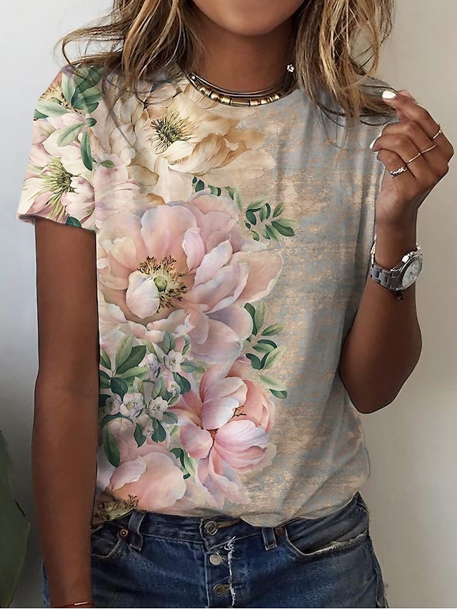  Femme T shirt Tee Floral Casual Vacances Fin de semaine Jaune Rose Claire Bleu Imprimer Manche Courte basique Col Rond Standard
