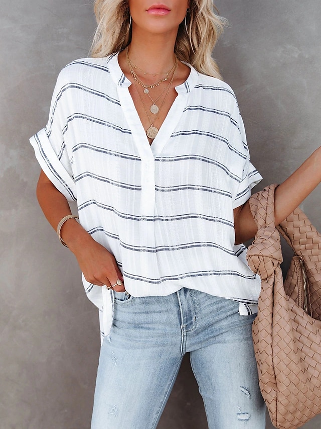  Women's Blouse Striped Plaid Casual Daily Holiday Short Sleeve Blouse Shirt V Neck Basic Elegant Casual Loose Green White Black S