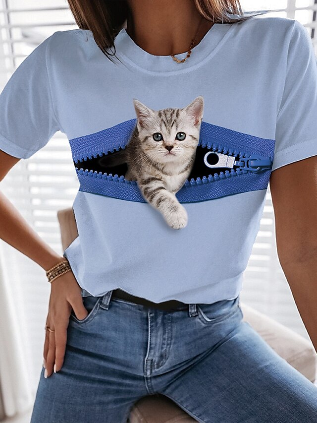 Dame T skjorte Katt 3D Avslappet Helg 3D Cat Maling Kortermet T skjorte Rund hals Trykt mønster Grunnleggende Grønn Hvit Blå S / 3D-utskrift