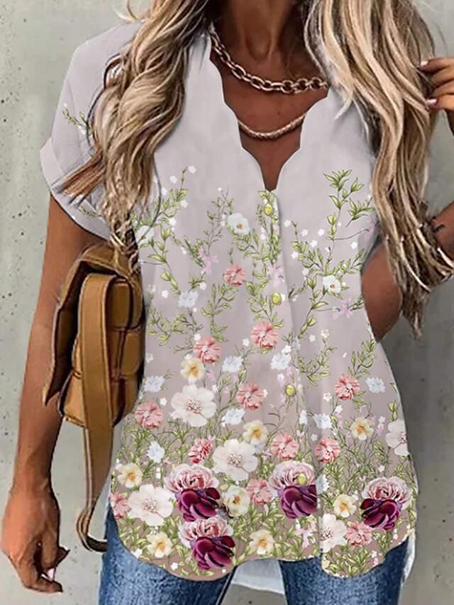  Dame Bluse Skjorte Beige Knapp Trykt mønster Blomstret Daglig Helg Kortermet V-hals Gatemote Fritid Normal Blomster Tema S / 3D-utskrift