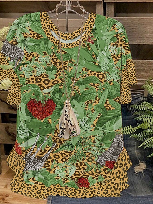  Dame T-shirt Blomstret Leopard Afslappet Weekend Maleri Kortærmet T-shirt Rund hals Drapering Trykt mønster Basale Grøn Lyserød Rosa S / 3D-udskrivning