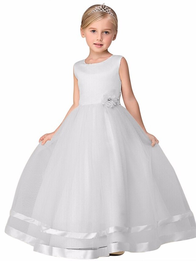  Kids Little Dress Girls' Solid Colored Flower Daily Tulle Dress Lace Layered White Purple Red Sleeveless Basic Dresses 3-12 Years