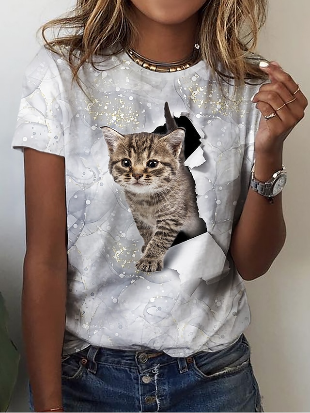  Mulheres Camiseta Cinzento Imprimir Gato 3D Casual Final de semana Manga Curta Decote Redondo Básico Padrão Gato 3D Pintura S