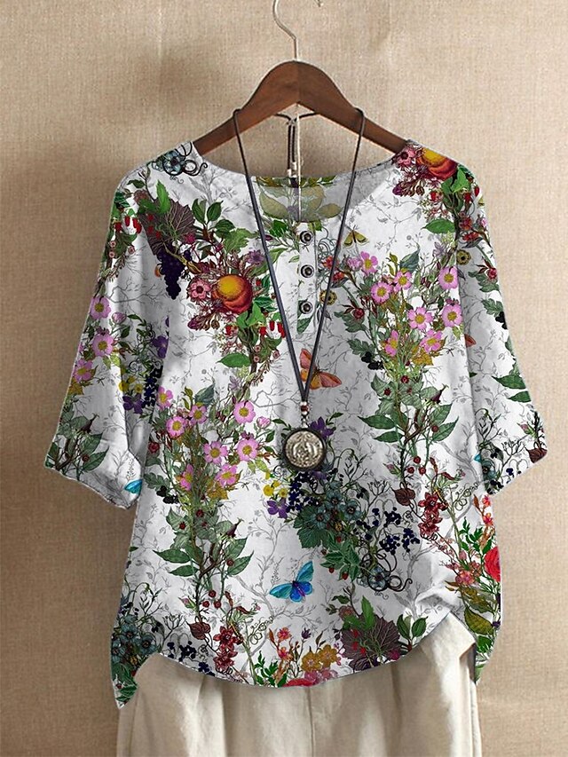  Damen T Shirt Blumen Schmetterling Täglich Blume Halbe Ärmel T Shirt Rundhalsausschnitt Bedruckt Basic Grün Weiß S / 3D-Druck