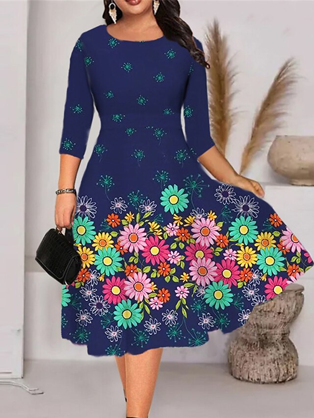  Women's Plus Size Floral Holiday Dress Print Crew Neck 3/4 Length Sleeve Work Fall Spring Daily Vacation Midi Dress Dress