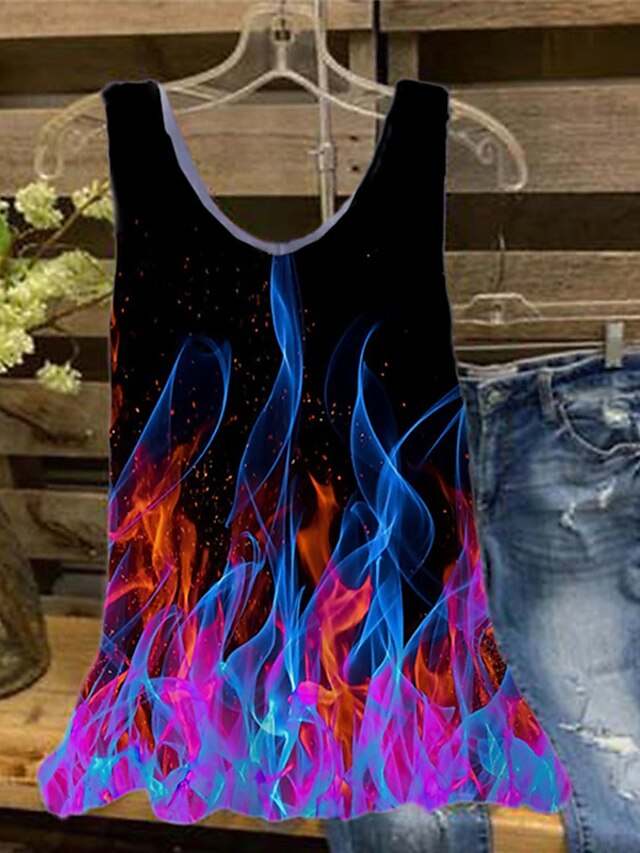  Women's Plus Size Tops Tank Top Color Gradient Flame Sleeveless Print Streetwear V Neck Cotton Spandex Jersey Daily Holiday Spring Summer Black Blue